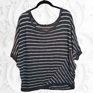 Soprano Grey Loose Knit Semi Sheer Dolman Sleeve Boxy Top With White Stripes
